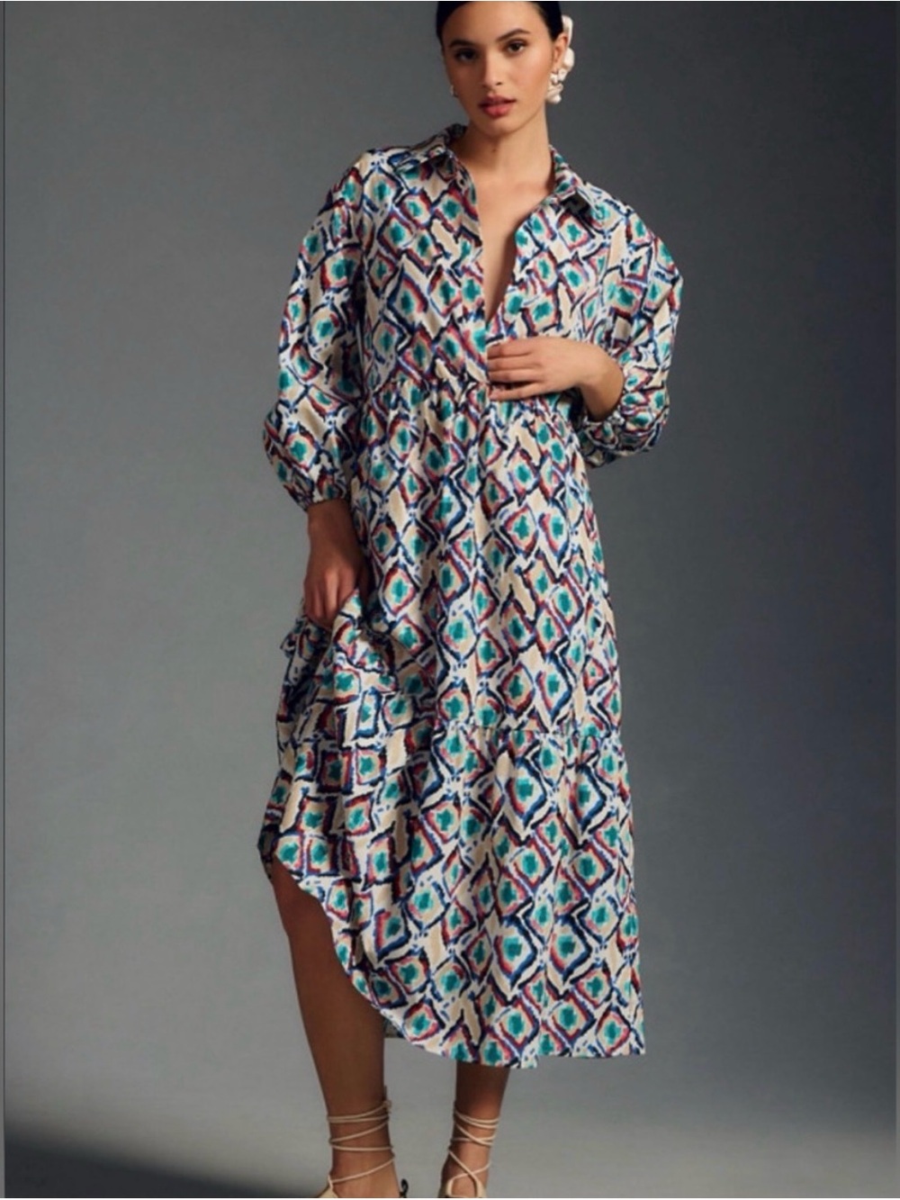 Anthropologie Maeve Bettina Tiered Midi Shirt Dress Small Geometric Aztec Teal